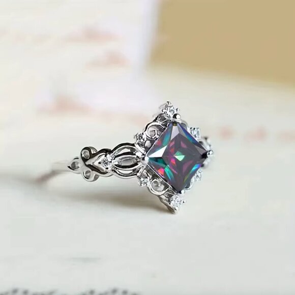 NEW 925 Sterling Silver Mystic Topaz Diamond Ring Princess Cut Ring - Picture 3 of 4